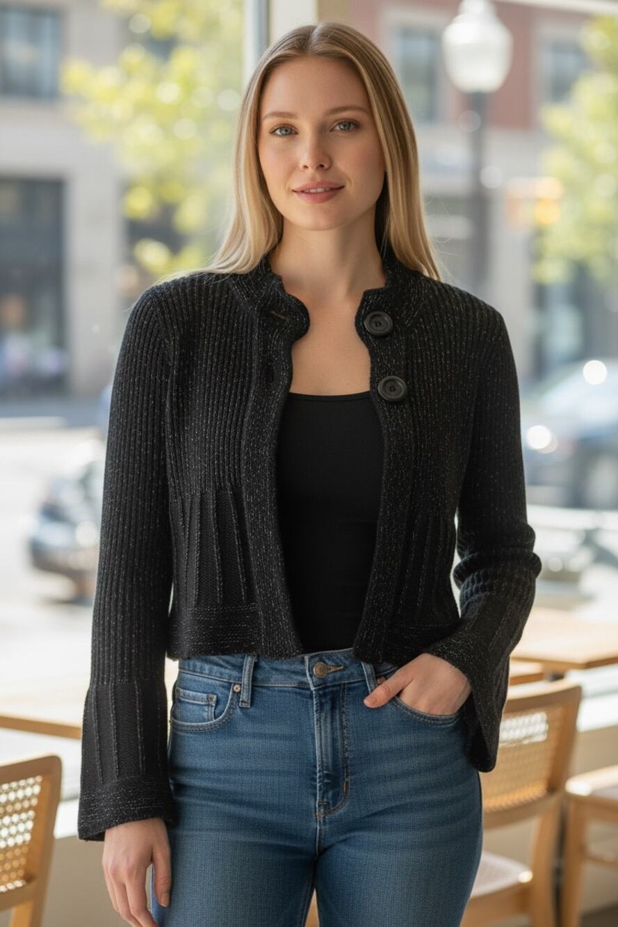 WHITE HOUSE BLACK MARKET Cropped Sweater Size S Black Metallic Silver Crop